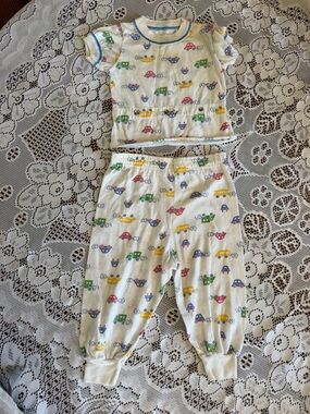 Vintage Toddler Car-Print Pajama Set - White with Red, Yellow & Green Cars
